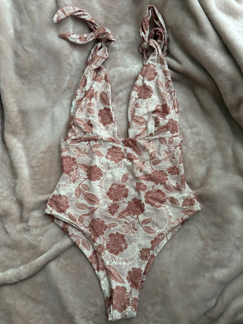 Floral Tie-Shoulder One-Piece Swimsuit - Rose Taupe